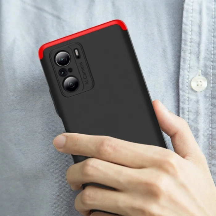 Xiaomi Poco F3 Kılıf 3 Parçalı 360 Tam Korumalı Rubber AYS Kapak - Kırmızı Siyah
