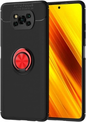 Xiaomi Poco X3 NFC Kılıf Renkli Silikon Yüzüklü Standlı Auto Focus Ravel Kapak - Kırmızı - Siyah