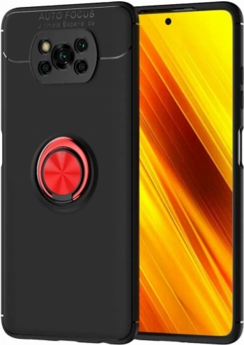 Xiaomi Poco X3 NFC Kılıf Renkli Silikon Yüzüklü Standlı Auto Focus Ravel Kapak - Kırmızı - Siyah