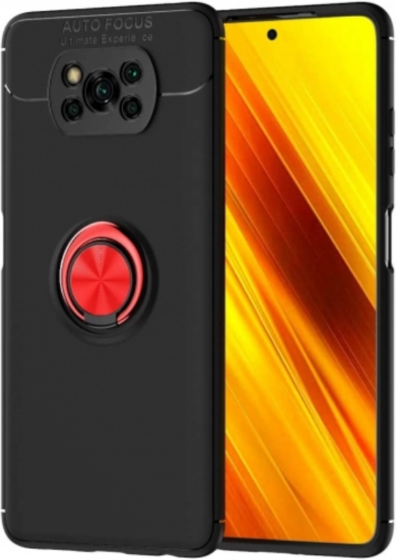 Xiaomi Poco X3 NFC Kılıf Renkli Silikon Yüzüklü Standlı Auto Focus Ravel Kapak - Kırmızı - Siyah