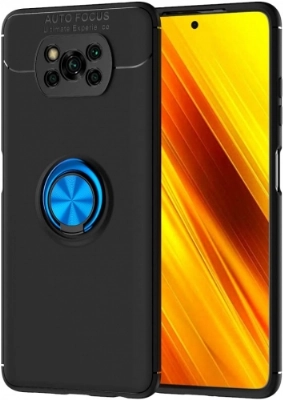 Xiaomi Poco X3 NFC Kılıf Renkli Silikon Yüzüklü Standlı Auto Focus Ravel Kapak - Mavi - Siyah