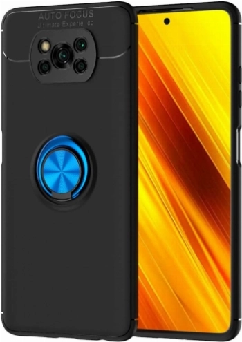 Xiaomi Poco X3 NFC Kılıf Renkli Silikon Yüzüklü Standlı Auto Focus Ravel Kapak - Mavi - Siyah