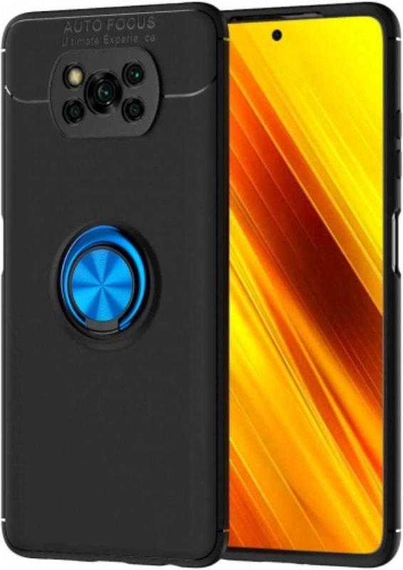 Xiaomi Poco X3 NFC Kılıf Renkli Silikon Yüzüklü Standlı Auto Focus Ravel Kapak - Mavi - Siyah