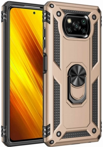 Xiaomi Poco X3 NFC Kılıf Silikon Zırhlı Standlı Yüzüklü Mıknatıslı Tank Kapak - Gold