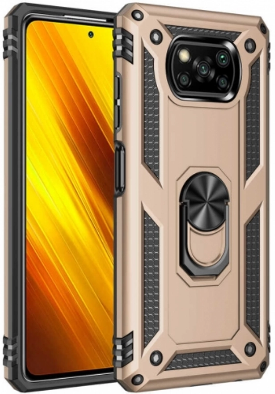 Xiaomi Poco X3 NFC Kılıf Silikon Zırhlı Standlı Yüzüklü Mıknatıslı Tank Kapak - Gold