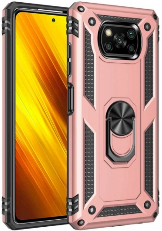 Xiaomi Poco X3 NFC Kılıf Silikon Zırhlı Standlı Yüzüklü Mıknatıslı Tank Kapak - Rose Gold