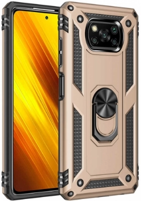 Xiaomi Poco X3 Pro Kılıf Silikon Zırhlı Standlı Yüzüklü Mıknatıslı Tank Kapak - Gold