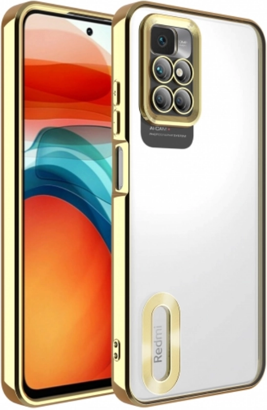 Xiaomi Redmi 10 Kılıf Kamera Lens Korumalı Şeffaf Renkli Logo Gösteren Parlak Kapak - Gold