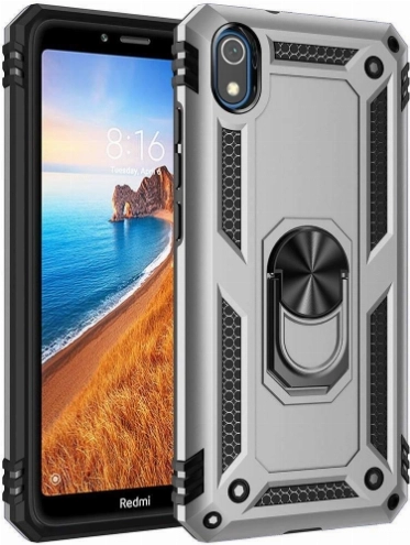 Xiaomi Redmi 7A Kılıf Silikon Zırhlı Standlı Yüzüklü Mıknatıslı Tank Kapak - Gümüş