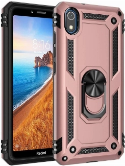 Xiaomi Redmi 7A Kılıf Silikon Zırhlı Standlı Yüzüklü Mıknatıslı Tank Kapak - Rose Gold