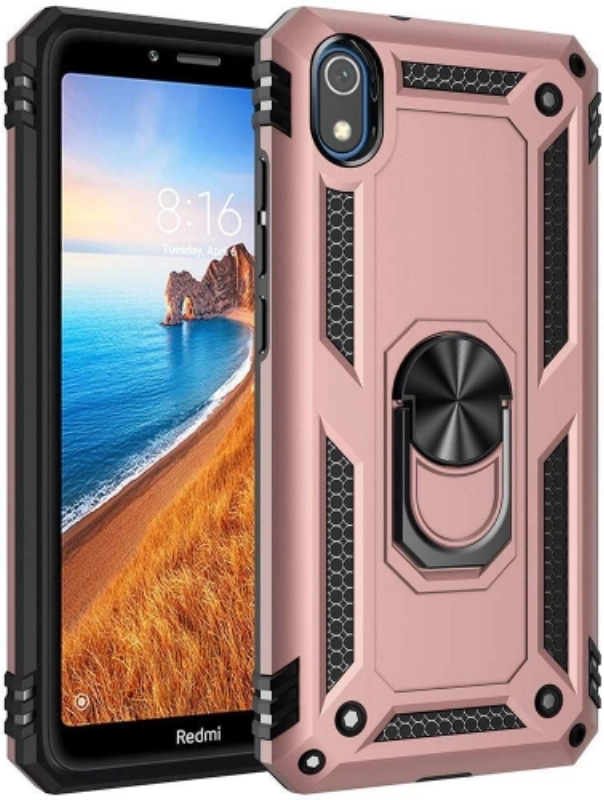 Xiaomi Redmi 7A Kılıf Silikon Zırhlı Standlı Yüzüklü Mıknatıslı Tank Kapak - Rose Gold