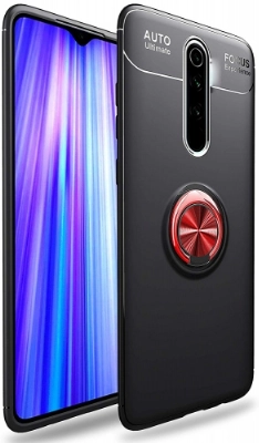 Xiaomi Redmi 8 Kılıf Renkli Silikon Yüzüklü Standlı Auto Focus Ravel Kapak - Kırmızı - Siyah