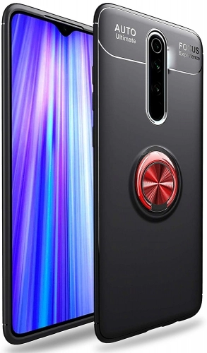 Xiaomi Redmi 8 Kılıf Renkli Silikon Yüzüklü Standlı Auto Focus Ravel Kapak - Kırmızı - Siyah