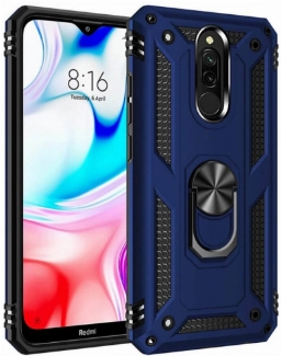 Xiaomi Redmi 8 Kılıf Silikon Zırhlı Standlı Yüzüklü Mıknatıslı Tank Kapak - Lacivert