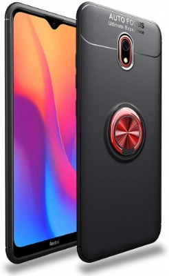 Xiaomi Redmi 8A Kılıf Renkli Silikon Yüzüklü Standlı Auto Focus Ravel Kapak - Kırmızı - Siyah