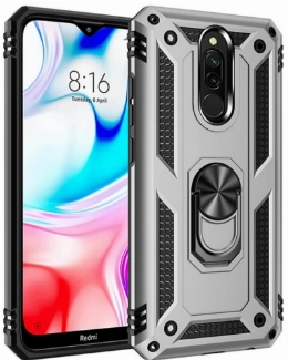 Xiaomi Redmi 8A Kılıf Silikon Zırhlı Standlı Yüzüklü Mıknatıslı Tank Kapak - Gri