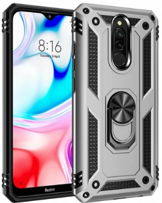 Xiaomi Redmi 8A Kılıf Silikon Zırhlı Standlı Yüzüklü Mıknatıslı Tank Kapak - Gri