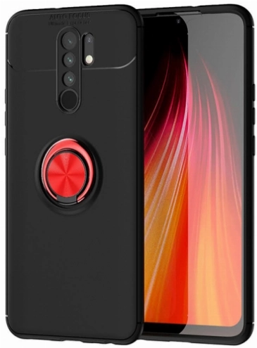 Xiaomi Redmi 9 Kılıf Renkli Silikon Yüzüklü Standlı Auto Focus Ravel Kapak - Kırmızı - Siyah