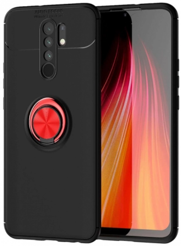 Xiaomi Redmi 9 Kılıf Renkli Silikon Yüzüklü Standlı Auto Focus Ravel Kapak - Kırmızı - Siyah