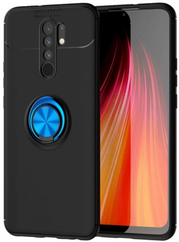 Xiaomi Redmi 9 Kılıf Renkli Silikon Yüzüklü Standlı Auto Focus Ravel Kapak - Mavi - Siyah