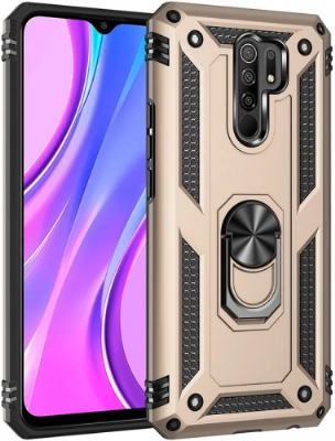 Xiaomi Redmi 9 Kılıf Silikon Zırhlı Standlı Yüzüklü Mıknatıslı Tank Kapak - Gold