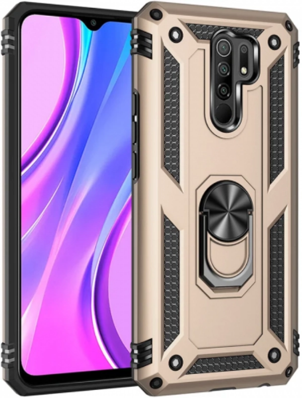 Xiaomi Redmi 9 Kılıf Silikon Zırhlı Standlı Yüzüklü Mıknatıslı Tank Kapak - Gold