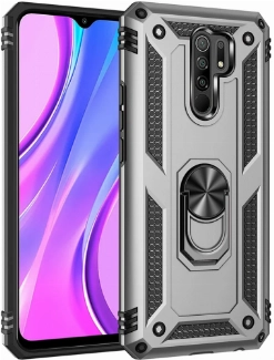 Xiaomi Redmi 9 Kılıf Silikon Zırhlı Standlı Yüzüklü Mıknatıslı Tank Kapak - Gümüş