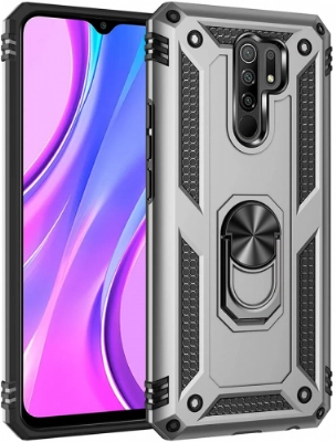 Xiaomi Redmi 9 Kılıf Silikon Zırhlı Standlı Yüzüklü Mıknatıslı Tank Kapak - Gümüş