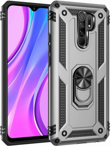 Xiaomi Redmi 9 Kılıf Silikon Zırhlı Standlı Yüzüklü Mıknatıslı Tank Kapak - Gümüş