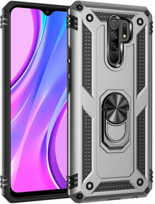 Xiaomi Redmi 9 Kılıf Silikon Zırhlı Standlı Yüzüklü Mıknatıslı Tank Kapak - Gümüş