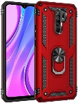 Xiaomi Redmi 9 Kılıf Silikon Zırhlı Standlı Yüzüklü Mıknatıslı Tank Kapak - Kırmızı