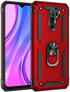 Xiaomi Redmi 9 Kılıf Silikon Zırhlı Standlı Yüzüklü Mıknatıslı Tank Kapak - Kırmızı