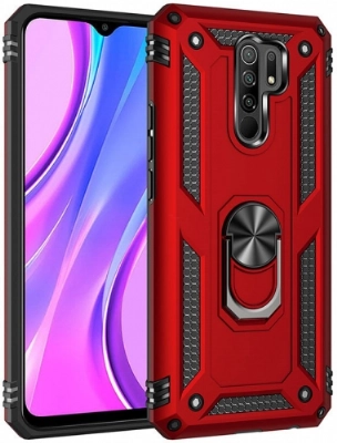 Xiaomi Redmi 9 Kılıf Silikon Zırhlı Standlı Yüzüklü Mıknatıslı Tank Kapak - Kırmızı