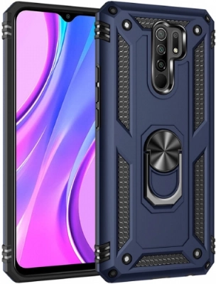 Xiaomi Redmi 9 Kılıf Silikon Zırhlı Standlı Yüzüklü Mıknatıslı Tank Kapak - Lacivert