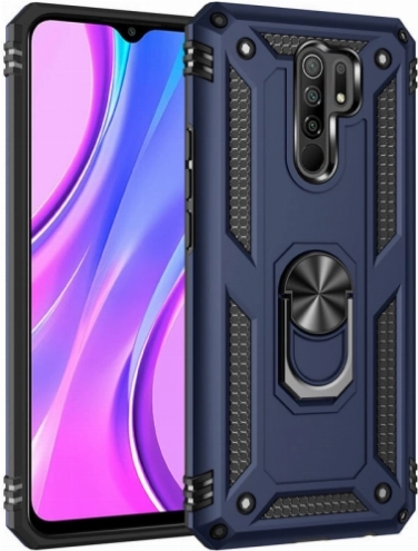 Xiaomi Redmi 9 Kılıf Silikon Zırhlı Standlı Yüzüklü Mıknatıslı Tank Kapak - Lacivert