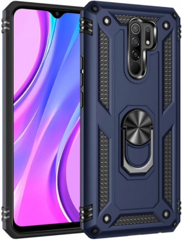 Xiaomi Redmi 9 Kılıf Silikon Zırhlı Standlı Yüzüklü Mıknatıslı Tank Kapak - Lacivert