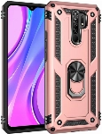 Xiaomi Redmi 9 Kılıf Silikon Zırhlı Standlı Yüzüklü Mıknatıslı Tank Kapak - Rose Gold