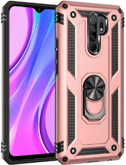 Xiaomi Redmi 9 Kılıf Silikon Zırhlı Standlı Yüzüklü Mıknatıslı Tank Kapak - Rose Gold