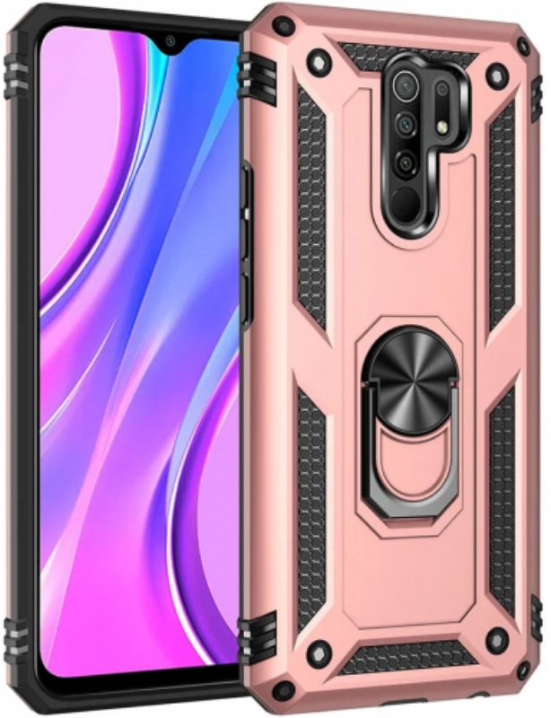 Xiaomi Redmi 9 Kılıf Silikon Zırhlı Standlı Yüzüklü Mıknatıslı Tank Kapak - Rose Gold