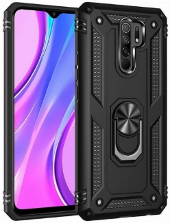 Xiaomi Redmi 9 Kılıf Silikon Zırhlı Standlı Yüzüklü Mıknatıslı Tank Kapak - Siyah