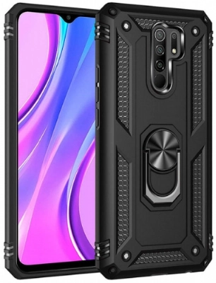 Xiaomi Redmi 9 Kılıf Silikon Zırhlı Standlı Yüzüklü Mıknatıslı Tank Kapak - Siyah