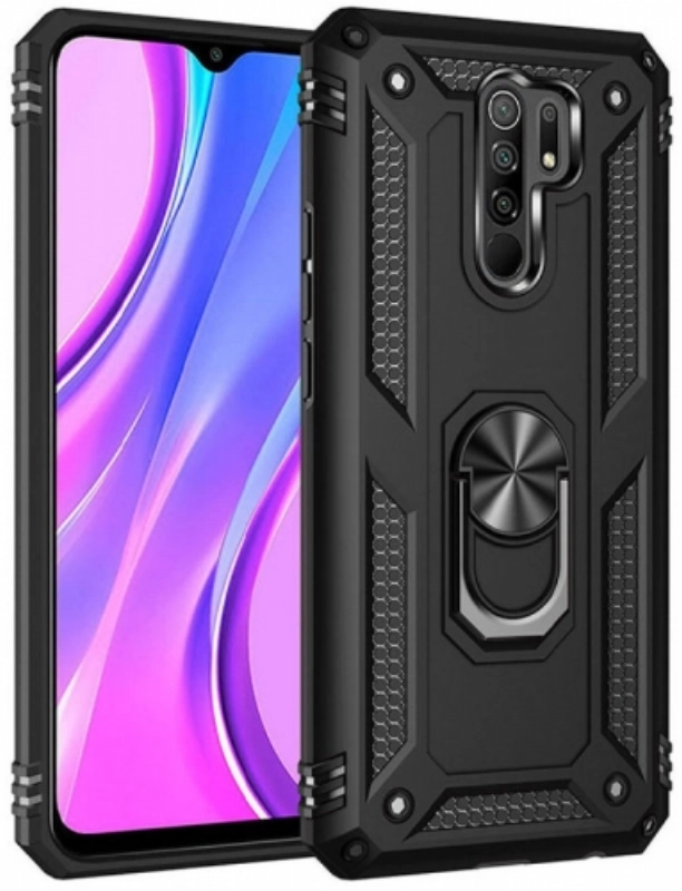 Xiaomi Redmi 9 Kılıf Silikon Zırhlı Standlı Yüzüklü Mıknatıslı Tank Kapak - Siyah