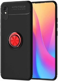 Xiaomi Redmi 9A Kılıf Renkli Silikon Yüzüklü Standlı Auto Focus Ravel Kapak - Kırmızı - Siyah