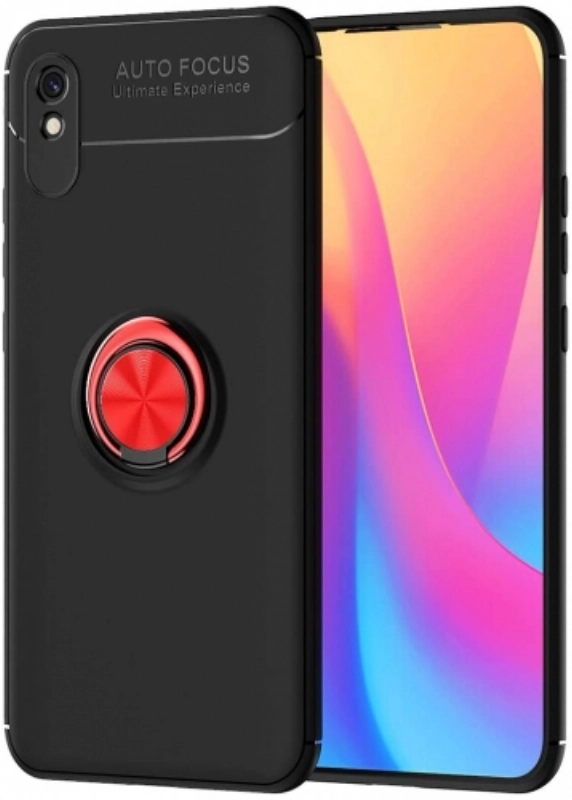 Xiaomi Redmi 9A Kılıf Renkli Silikon Yüzüklü Standlı Auto Focus Ravel Kapak - Kırmızı - Siyah