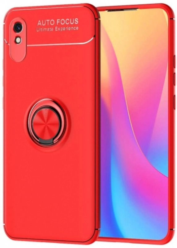 Xiaomi Redmi 9A Kılıf Renkli Silikon Yüzüklü Standlı Auto Focus Ravel Kapak - Kırmızı