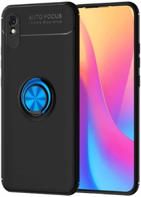 Xiaomi Redmi 9A Kılıf Renkli Silikon Yüzüklü Standlı Auto Focus Ravel Kapak - Mavi - Siyah