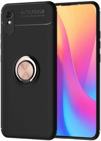 Xiaomi Redmi 9A Kılıf Renkli Silikon Yüzüklü Standlı Auto Focus Ravel Kapak - Rose Gold