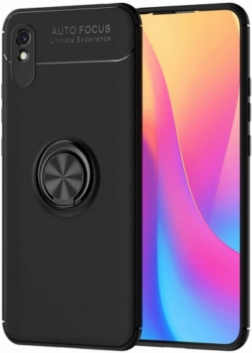 Xiaomi Redmi 9A Kılıf Renkli Silikon Yüzüklü Standlı Auto Focus Ravel Kapak - Siyah