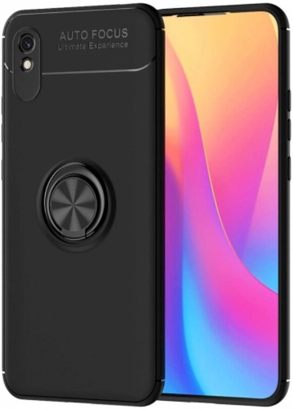 Xiaomi Redmi 9A Kılıf Renkli Silikon Yüzüklü Standlı Auto Focus Ravel Kapak - Siyah