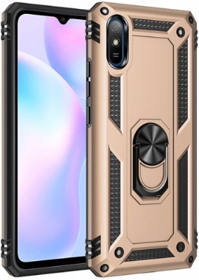 Xiaomi Redmi 9A Kılıf Silikon Zırhlı Standlı Yüzüklü Mıknatıslı Tank Kapak - Gold